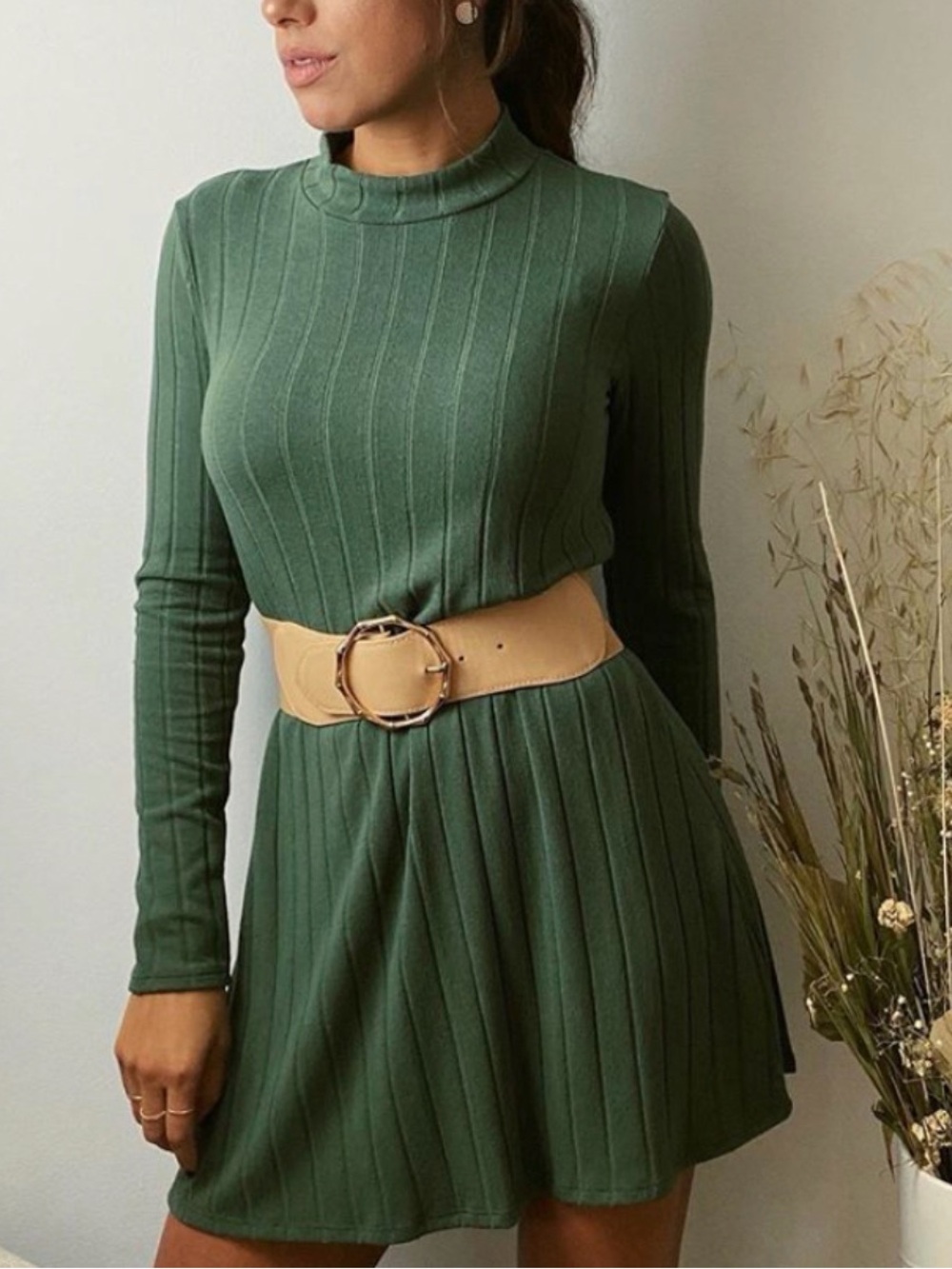 Women's Long Sleeve Ribbed Mini Dress in Green